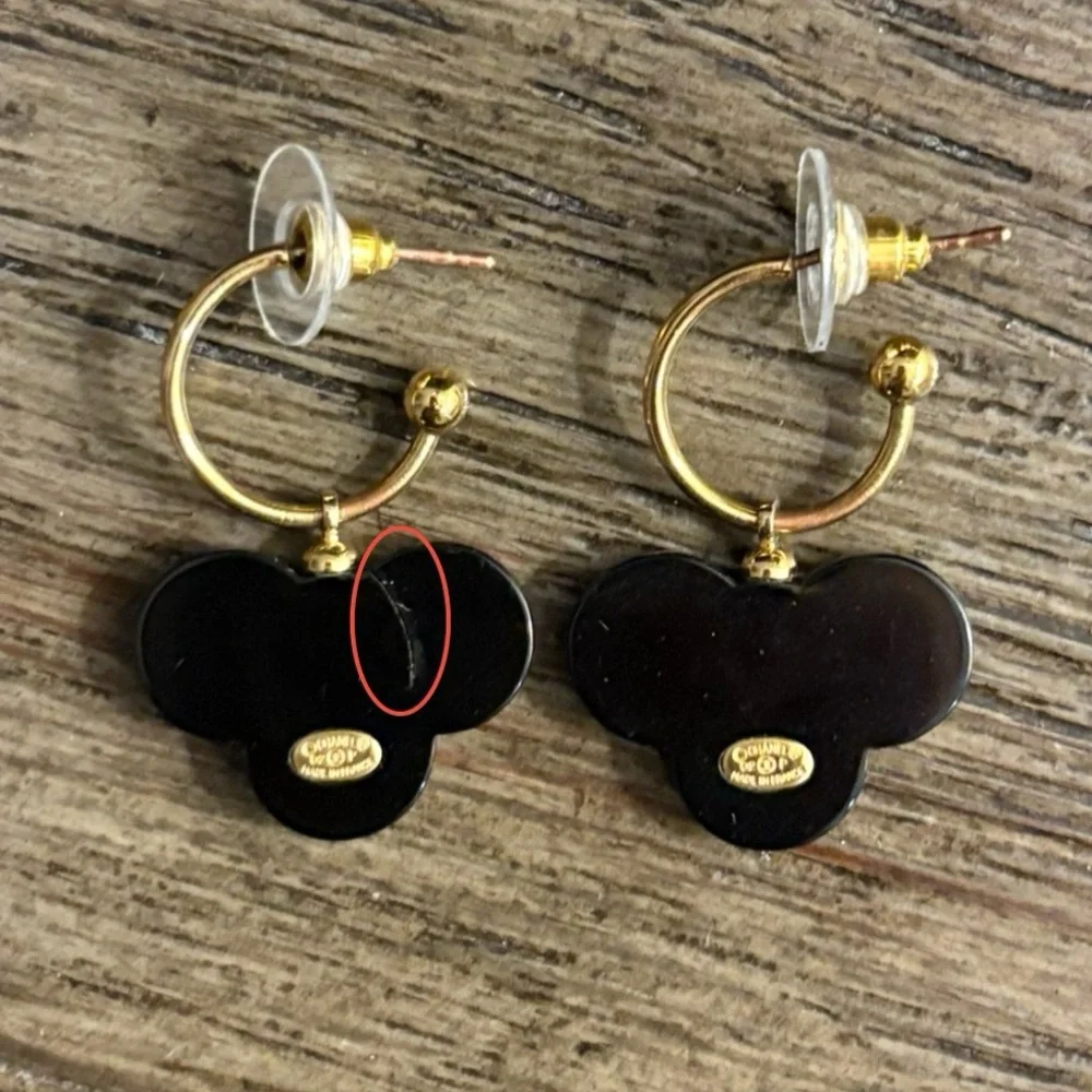 [CHANEL] Authentic Black & White w/ Gold Resin Clover CC Hoop Luxury Earrings - Picture 9 of 10